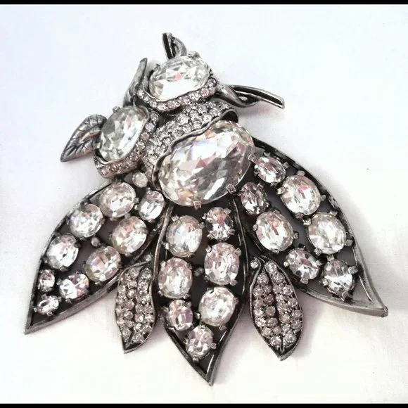 *ULTRA RARE* 1930s Large EISENBERG Vtg BEE Art Deco Double Pin Rhinestone Brooch - Picture 7 of 13